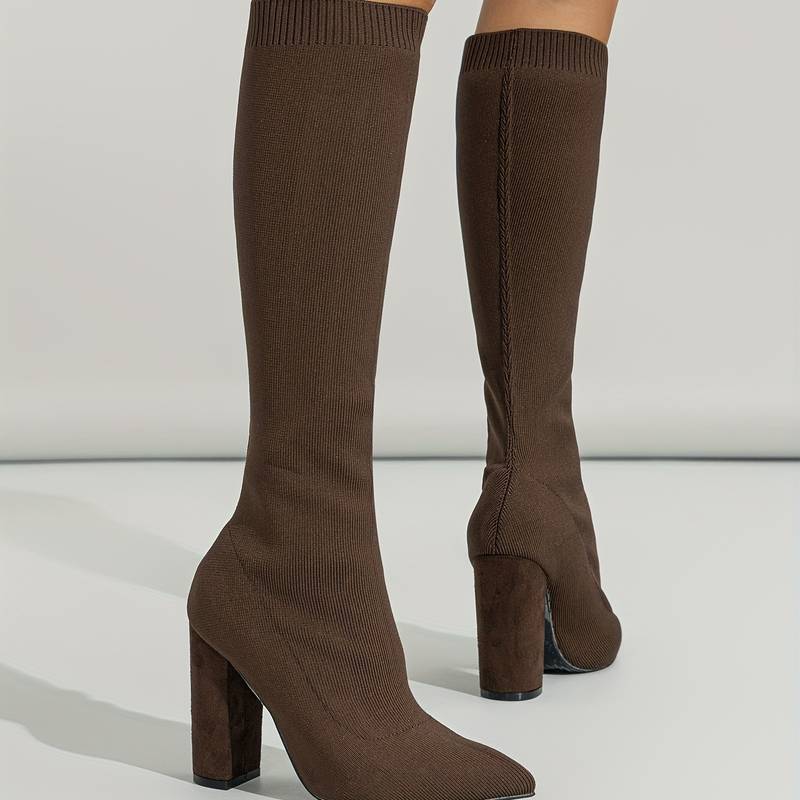 Holly - Women’s Knee High Sock Boots – Stretch Knit – Slim Fit – Pointed Toe – Block Heel
