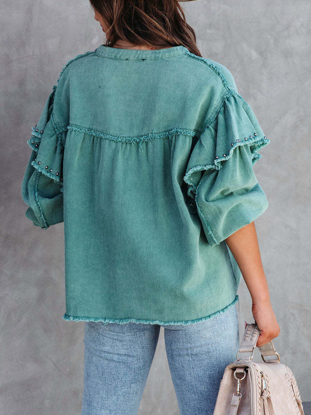 Tess - Lantern Sleeve Nail Bead Ruffled Denim Jacket Coat