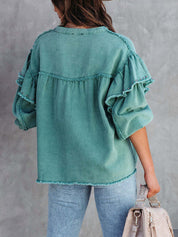Tess - Lantern Sleeve Nail Bead Ruffled Denim Jacket Coat