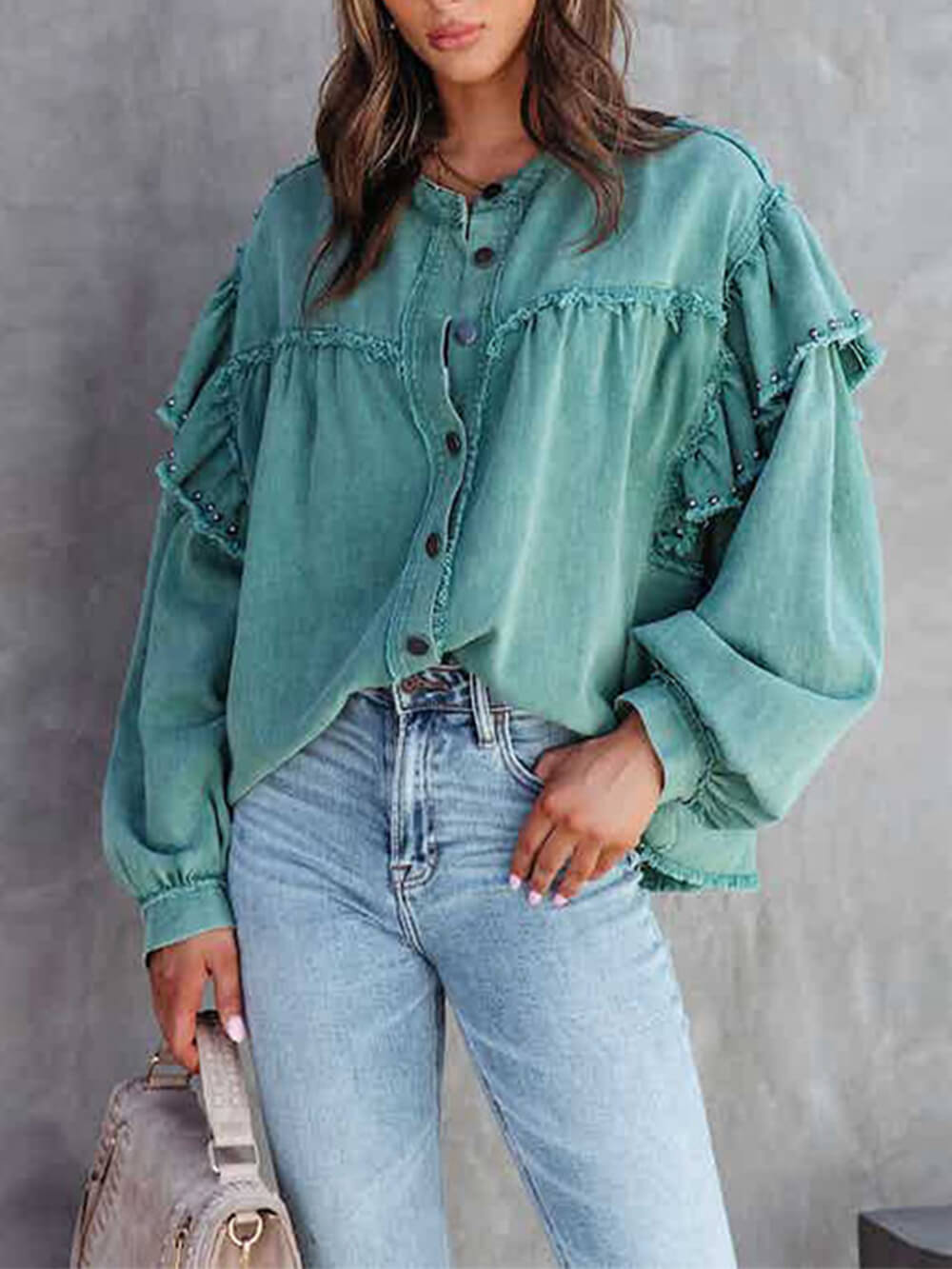 Tess - Lantern Sleeve Nail Bead Ruffled Denim Jacket Coat