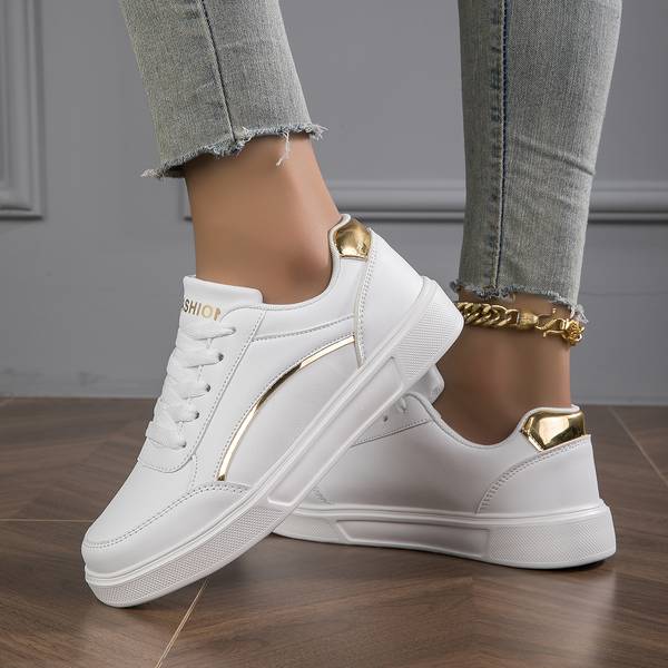 Bella - White Orthopedic PU Leather Sneakers for Women with Gold/Silver Accents