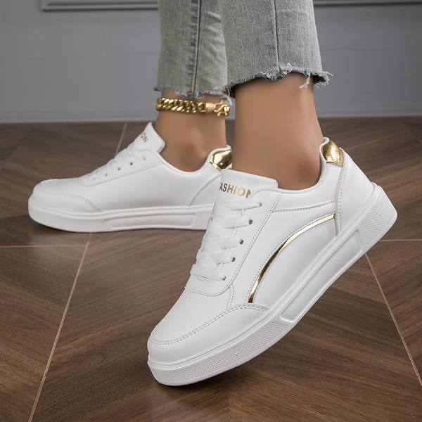 Bella - White Orthopedic PU Leather Sneakers for Women with Gold/Silver Accents