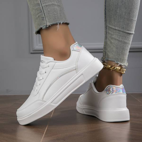 Bella - White Orthopedic PU Leather Sneakers for Women with Gold/Silver Accents