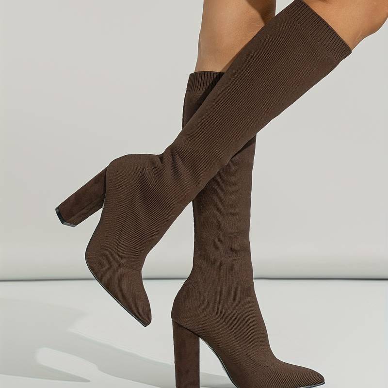 Holly - Women’s Knee High Sock Boots – Stretch Knit – Slim Fit – Pointed Toe – Block Heel