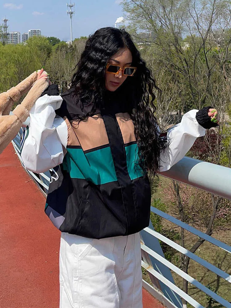 Fleur - Loose Color Block Long Sleeve Trench Coat Jacket