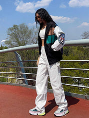 Fleur - Loose Color Block Long Sleeve Trench Coat Jacket