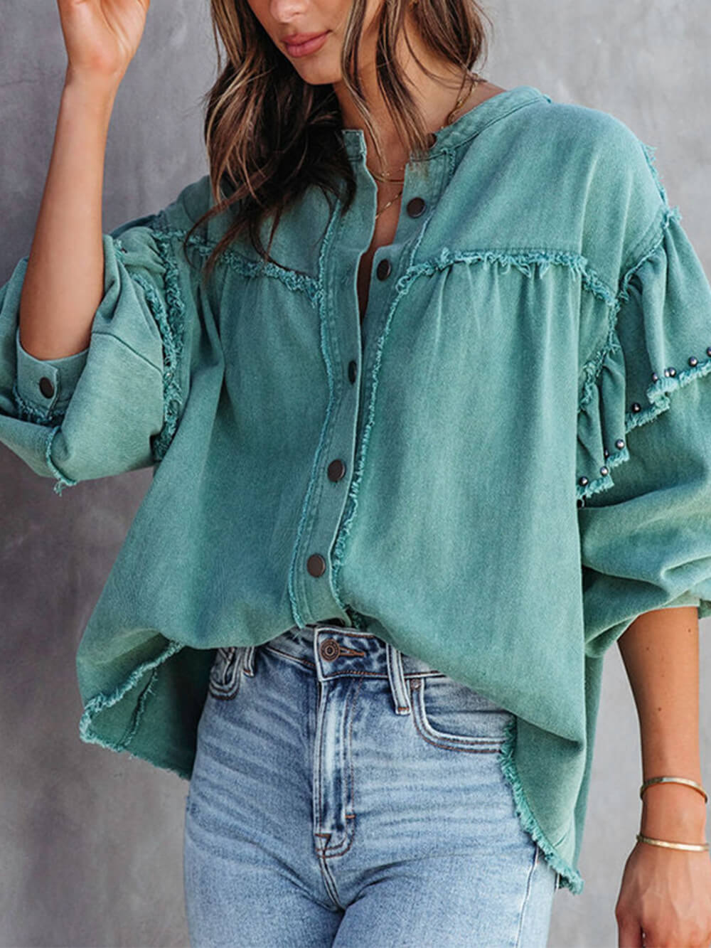 Tess - Lantern Sleeve Nail Bead Ruffled Denim Jacket Coat