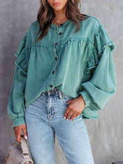 Tess - Lantern Sleeve Nail Bead Ruffled Denim Jacket Coat