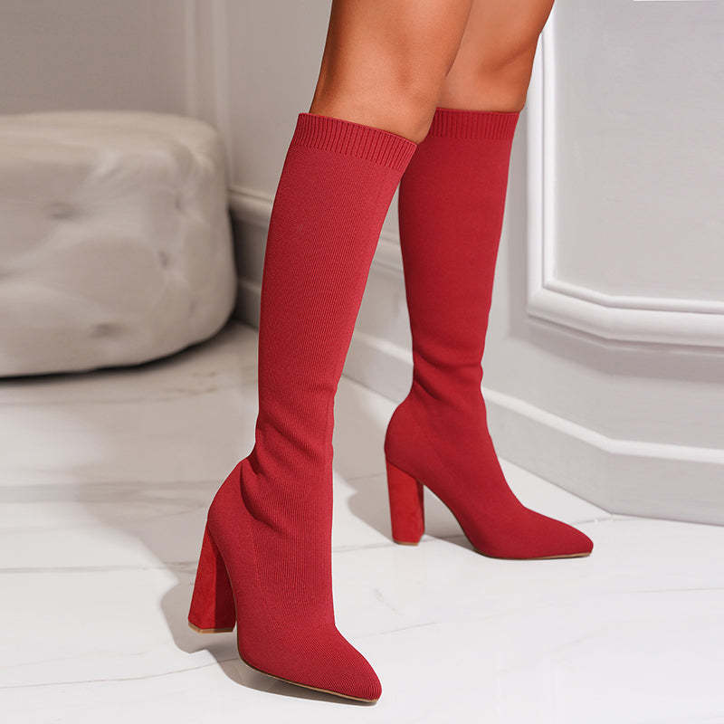 Holly - Women’s Knee High Sock Boots – Stretch Knit – Slim Fit – Pointed Toe – Block Heel