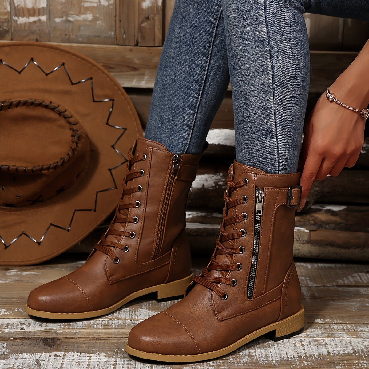 Karina - Comfortable Side Zipper Leather Boots