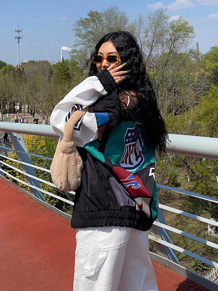 Fleur - Loose Color Block Long Sleeve Trench Coat Jacket