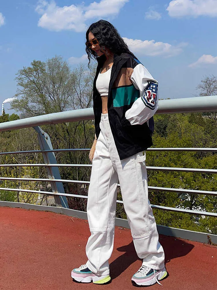 Fleur - Loose Color Block Long Sleeve Trench Coat Jacket