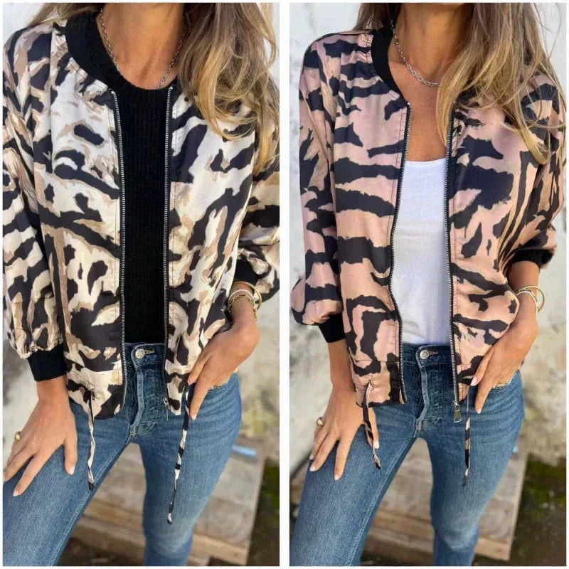 Elin - Zebra Print Zip-Up Bomber Jacket