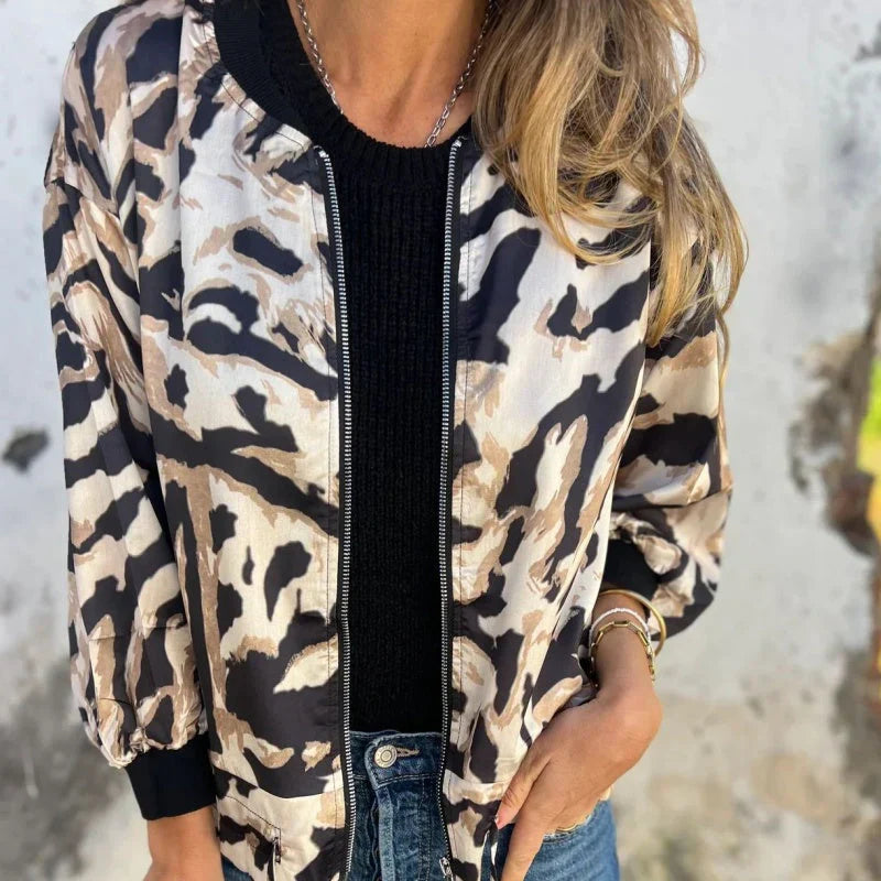 Elin - Zebra Print Zip-Up Bomber Jacket